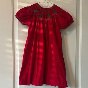Copper and Key Red Smocked Christmas Dress with Green Embroidery